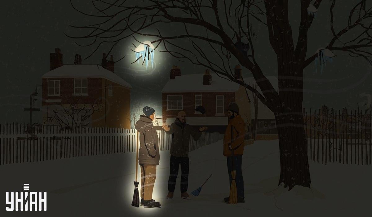 وقف أحد عمال النظافة تحت رقاقات الثلج المعلقة على شجرة / ملصقة Moje